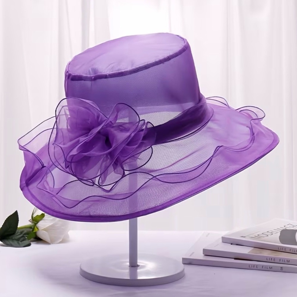 Women's Organza Dress Hat with Floral Accent in Purple